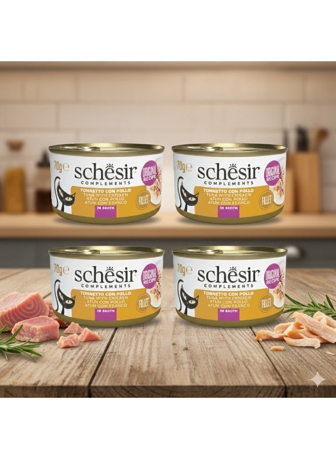 Schesir Cat Complements 4-Pack 🐾 – Tuna with Chicken Fillets in Broth – 100% Natural Ingredients – 280 g (4 x 70 g Cans) ✨